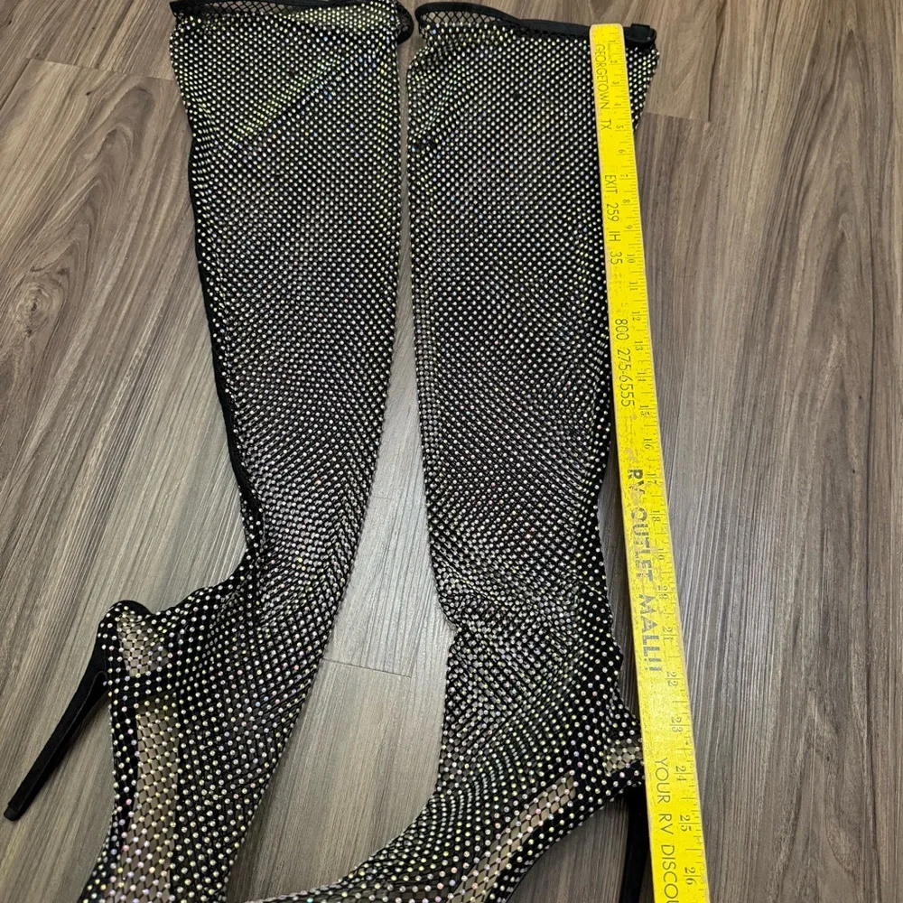 Ladies sz 44 Stiletto High Heel Over The Knee Black Fishnet Mesh Gem Rhinestone - Picture 6 of 12